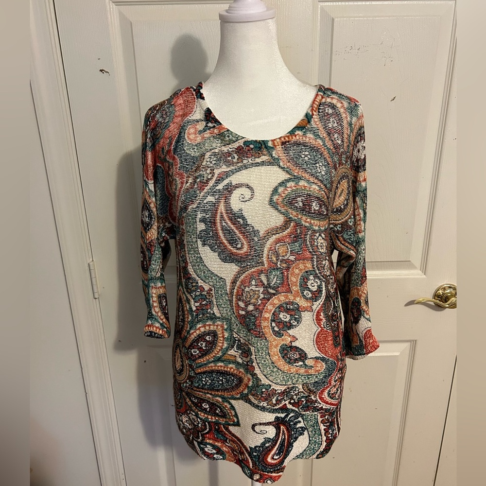 Chico’s autumn colors top with cross-cross back embellishment